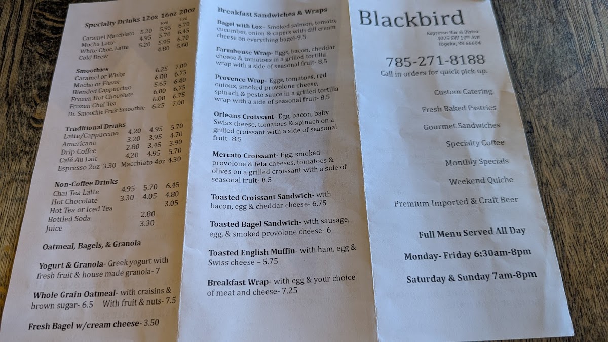 Blackbird Espresso Bar and Bistro Menu - Image 1